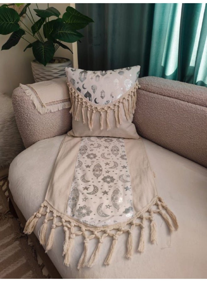 Arabic-style crochet set: 1 crochet table runner – 150 cm and 2 crochet cushions – 45 cm each. Perfect for adding an elegant, handcrafted touch to your home décor.